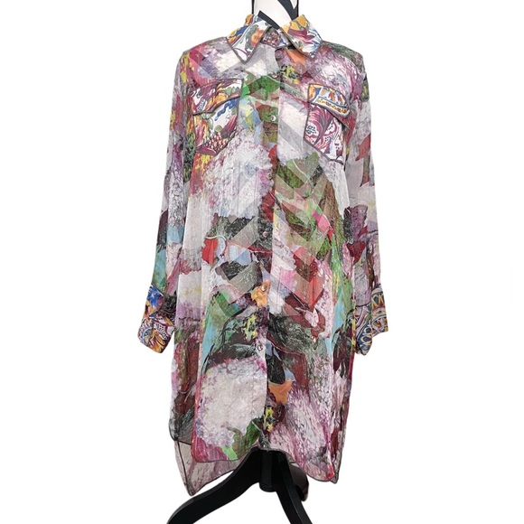 Radzoli Sheer Floral Boho Botanical Sz L Button Down Front Tunic Top - Picture 3 of 9